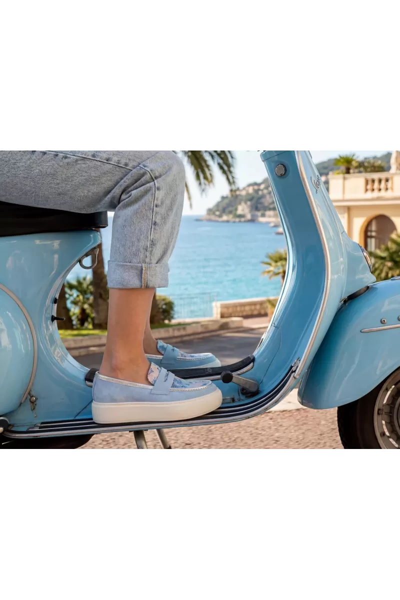 Azzurro Italian Leather Platform Loafers – Sky Blue Floral Edition