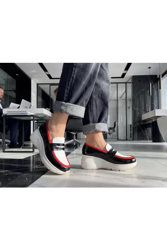 Milano Italian Leather Platform Loafers – Black White & Red Edition