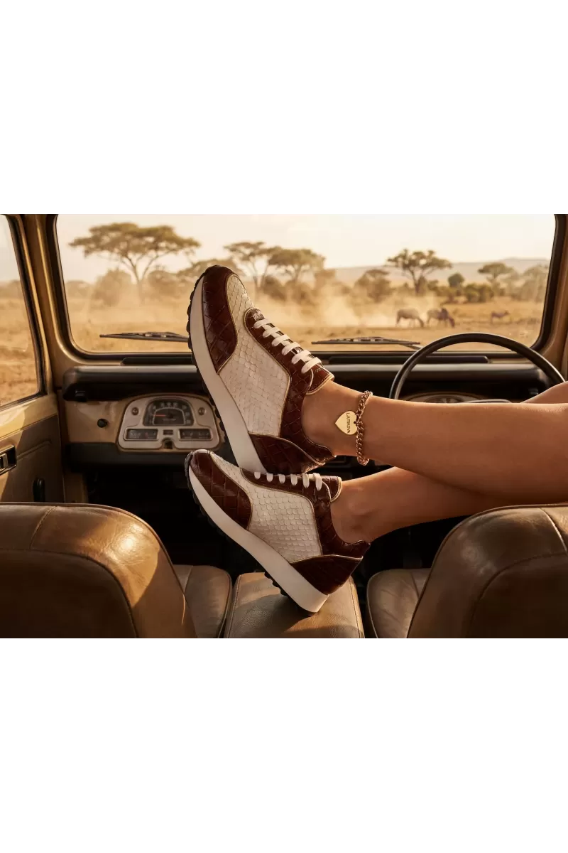 Aurora Luxe Croc-Embossed Leather Sneakers – Brown & White