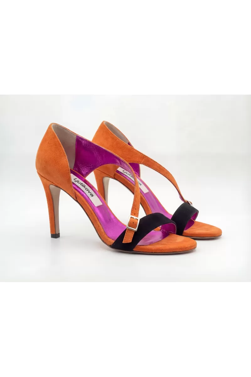 Orange Suede Stiletto High Heel Sandals with Ankle Strap