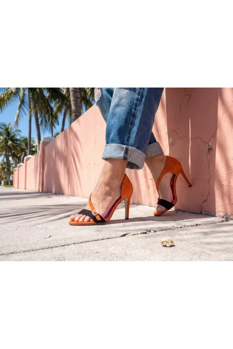 Orange Suede Stiletto High Heel Sandals with Ankle Strap